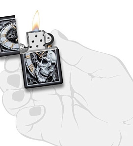 29854 Зажигалка ZIPPO Skull Clock Design с покрытием Black Matte, латунь/сталь, чёрная, матовая, 38x